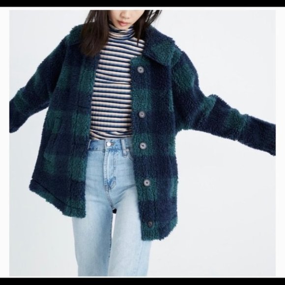 Madewell Jackets & Blazers - Madewell sherpa jacket buffalo check print blue green fleece teddy new XL